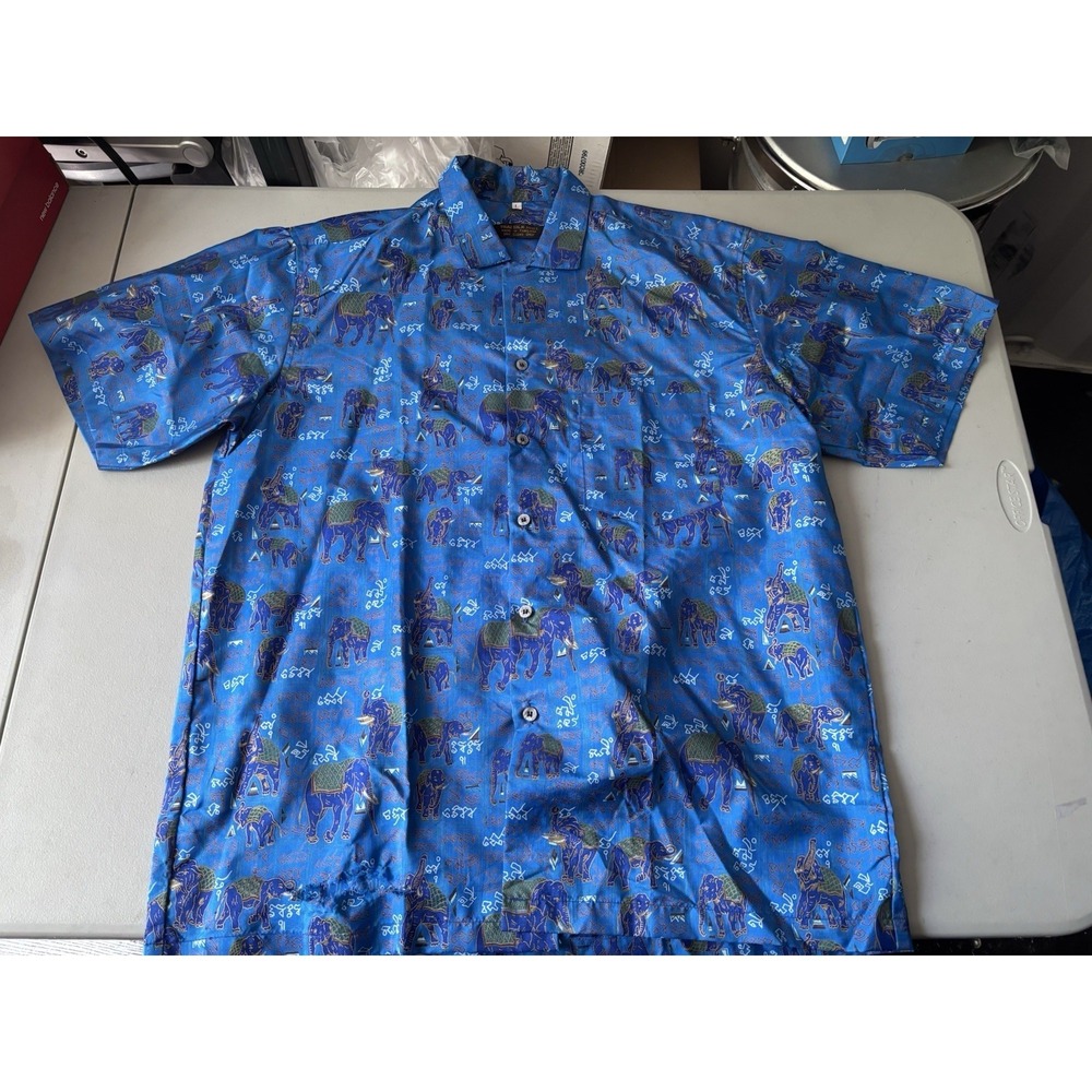 Vintage Blue 100% Thai Silk Shirt Mens L Short Sleeve Straight Hem Elephants